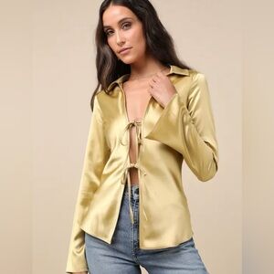 NWT Lulus Gold Satin Tie-Front Blouse XS